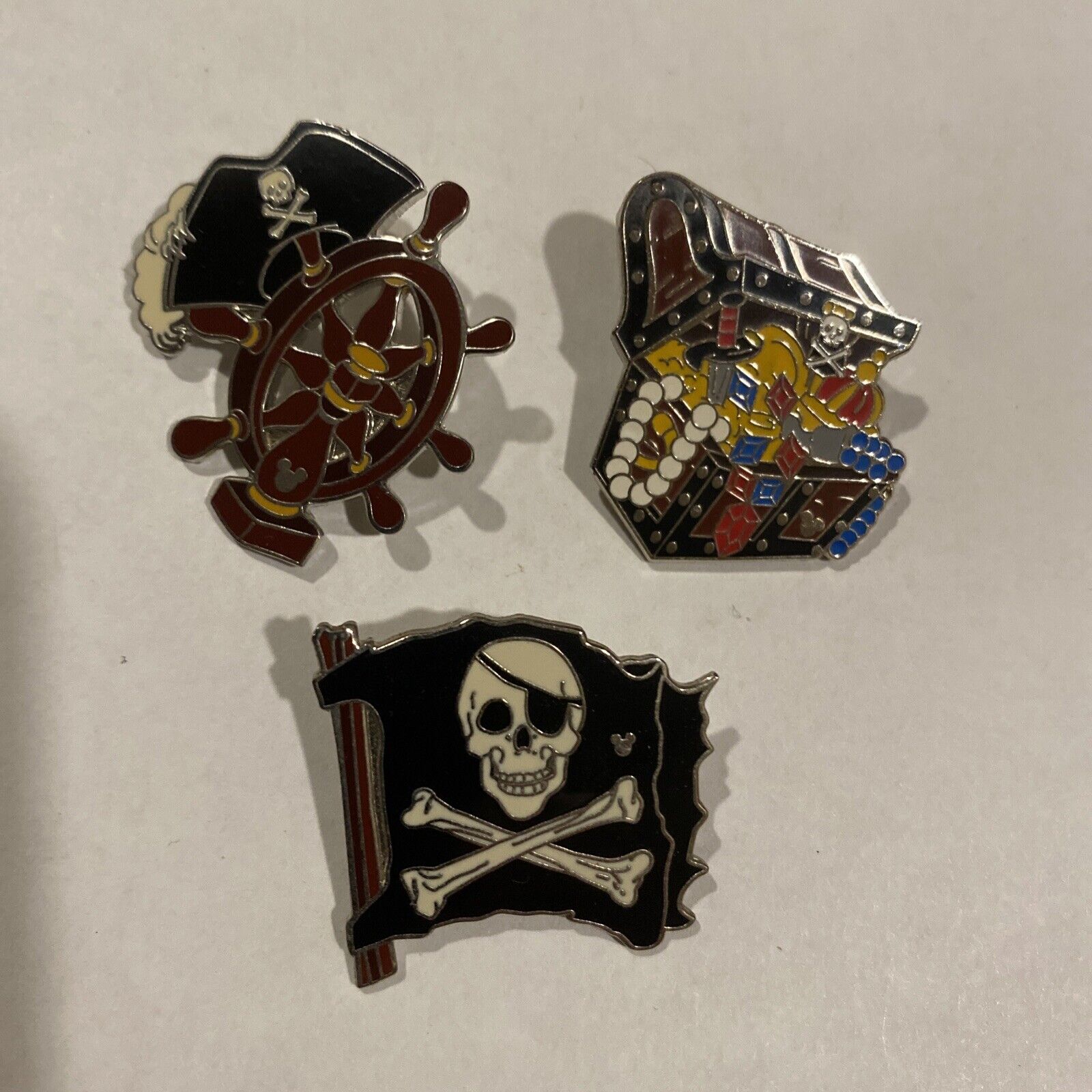 Disney 3 Pin Set Lot Hidden Mickey Pirates Of Caribbean Flag Ship Wheel Treasure