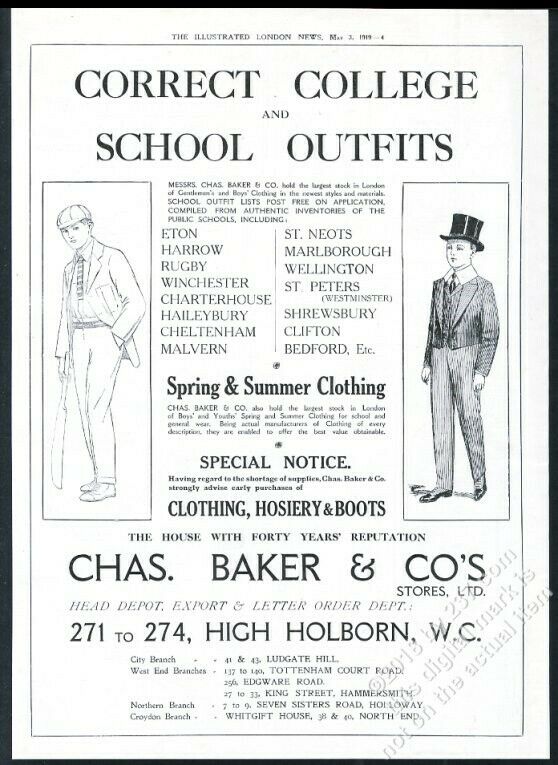 1919 English School Boy Uniform Clothes Cricket Bat Art Chas Baker Big Uk Ad
