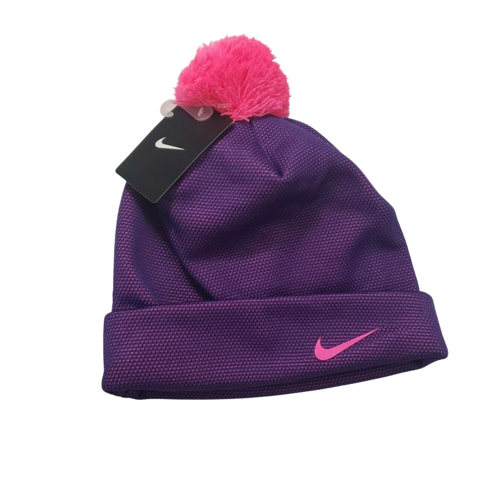 Nike Girls Youth Swoosh Beanie Pom Cuffed Winter Hat Purple Kids 7/16