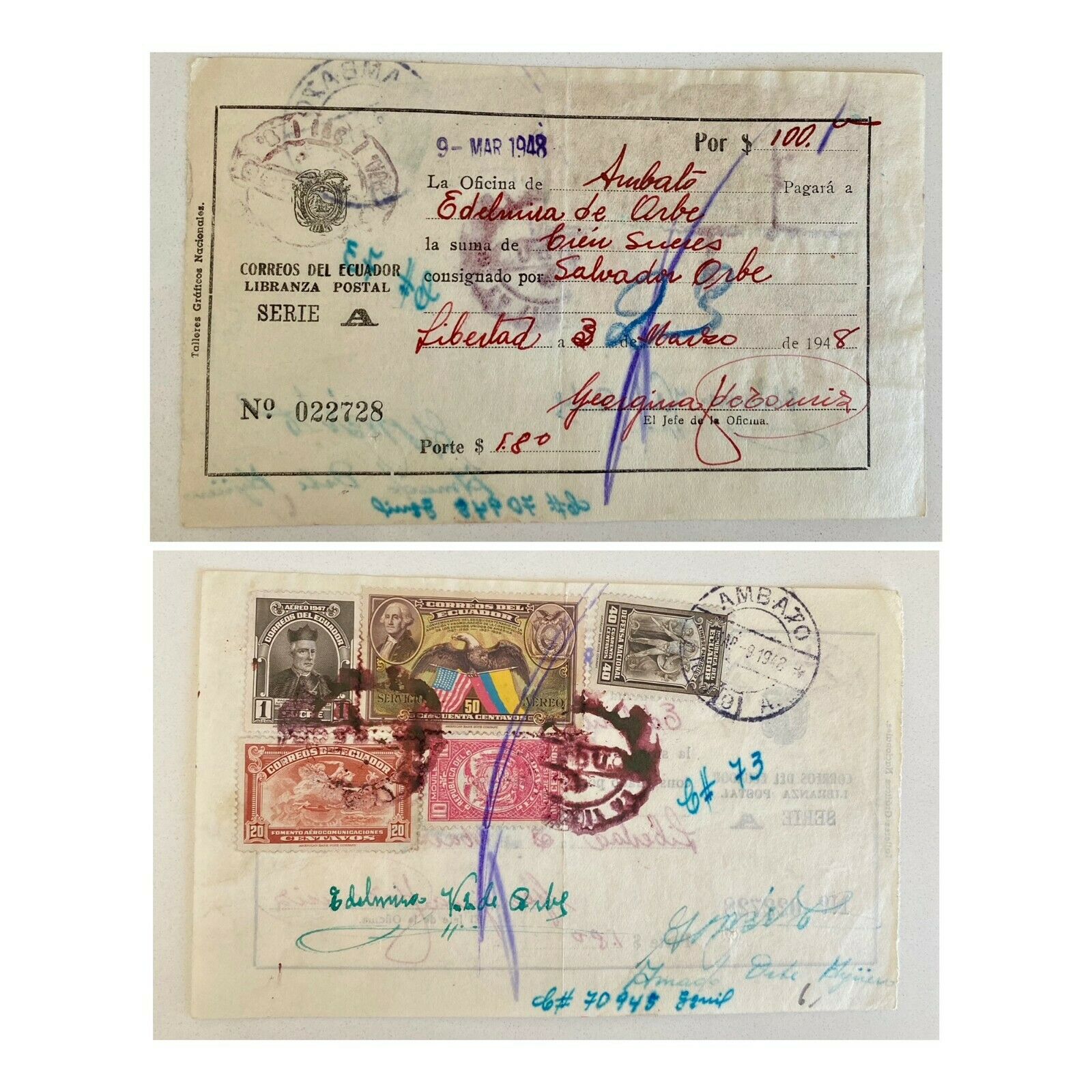 Ecuador Multifranked Libranza Postal Receipt For $100 See Photos