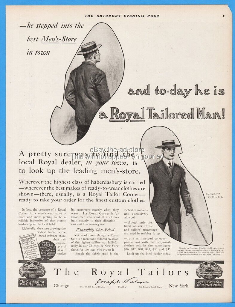 1913 Royal Tailors Suit Derby Hat Cane Great Mens Art Magazine Print Ad