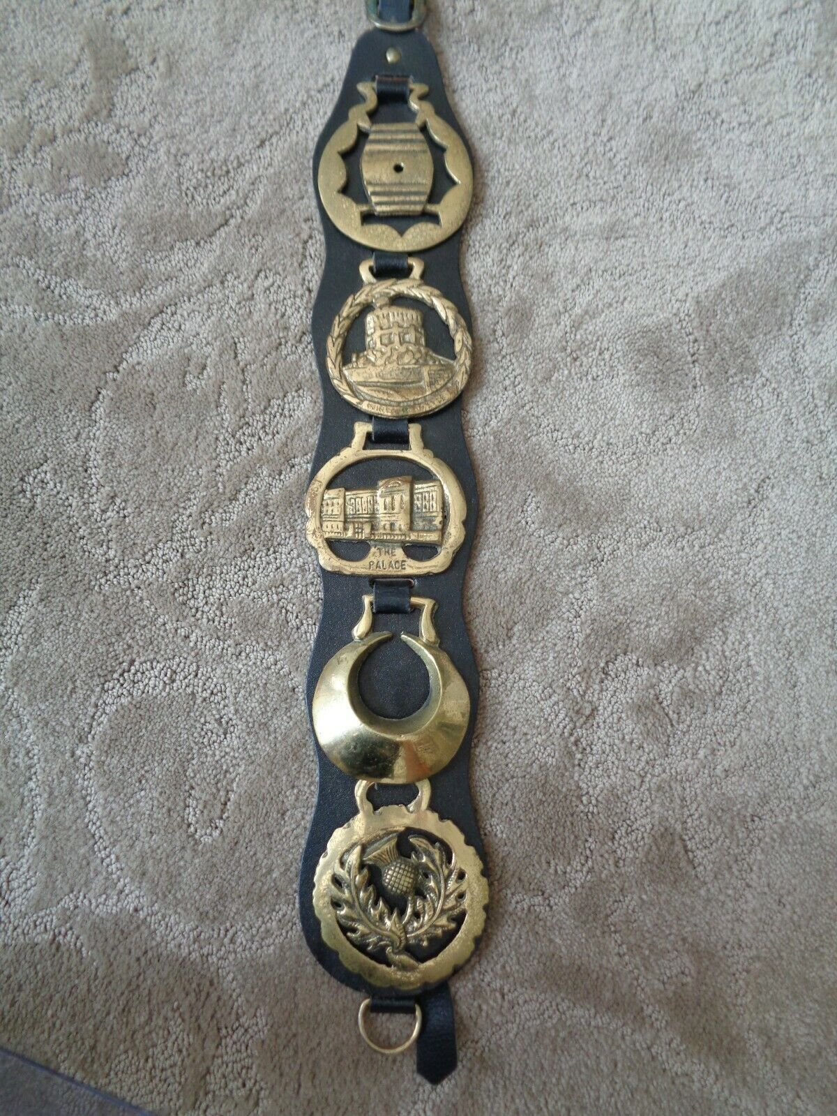 Vintage Horse Brass Medallions On Leather Strap, Horse Brasses On Leather Tack