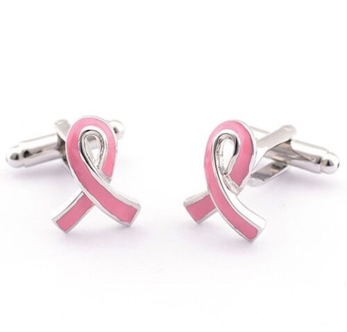 Pair Of Pink Ribbon Cancer Awareness Cuff Links In Gift Box ~ Brass Metal