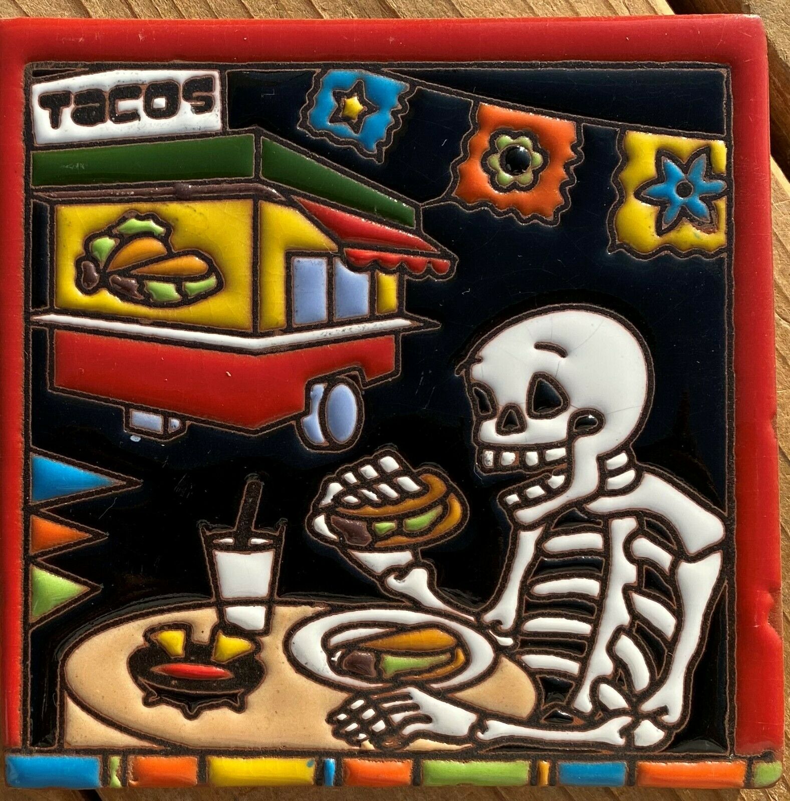 Talavera Tile Clay Pottery 4" Hi Relief Day Of The Dead Man Taco Truck Food Eat