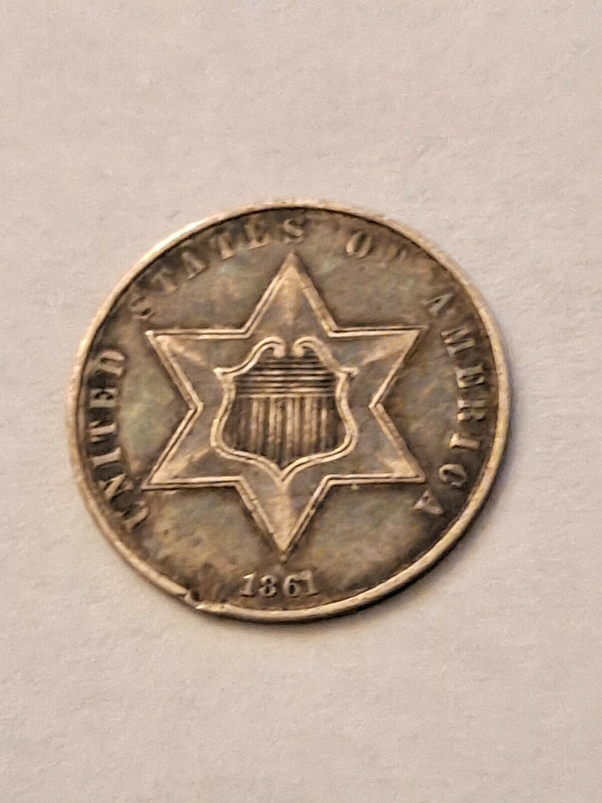 Rare 1861 Us Silver 3 Cent Coin