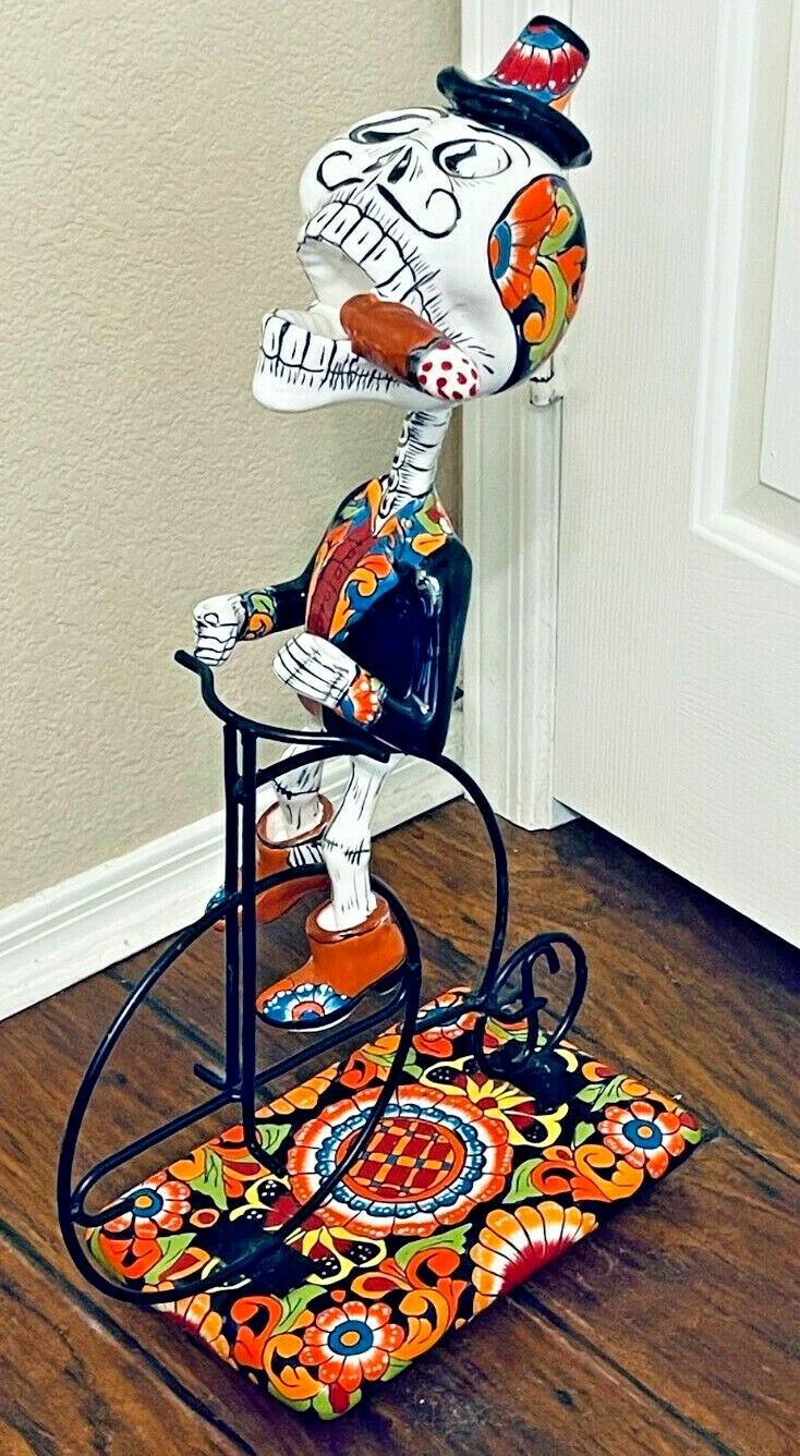 Mexican Day Of The Dead Figure Talavera Catrina Bicycle Folk Art Pottery Xl 23"