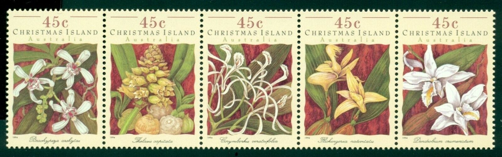 Christmas Island Scott #363 Mnh Strip Orchids Flora Cv$7+