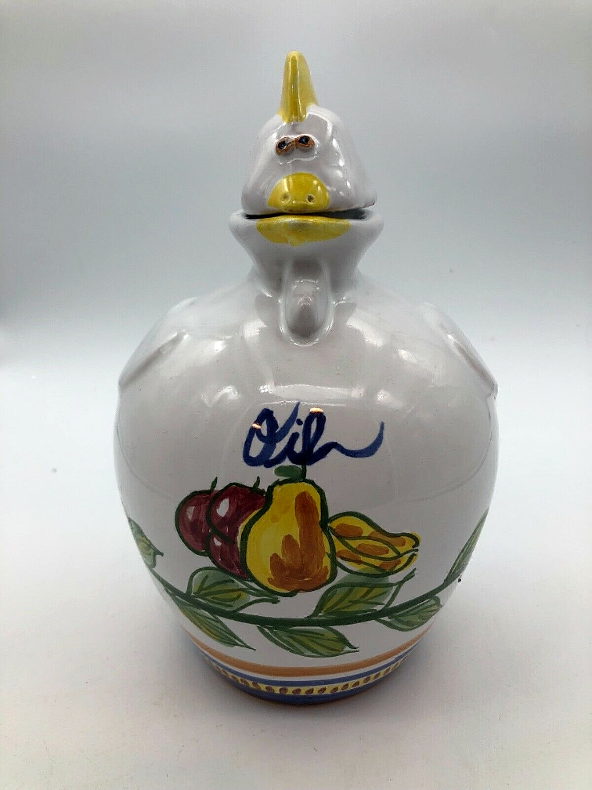 Folk Art Redware Chicken Oil Pitcher. Hand Painted And Signed In Mexico
