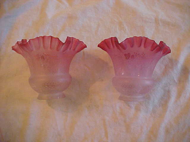 2 Victorian Pink Edge Etched Art Glass Electric Lamp Light Fixture Shades 2