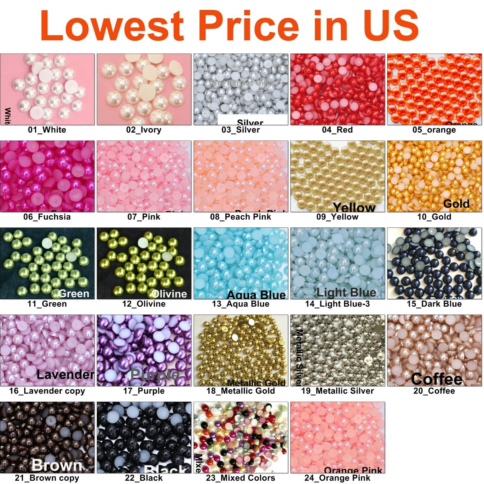 1000 Pcs Half Round Flat Back Pearl Beads Multi Color Size 2mm 3mm 4mm 5mm 7mm
