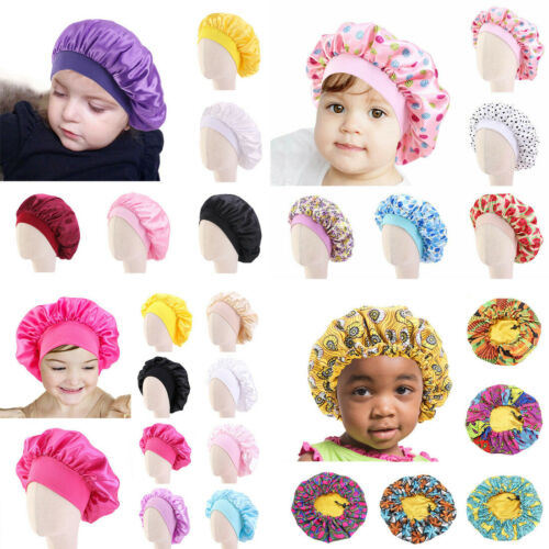 Kids Girl Satin Bonnet Cap Night Sleep Hat Hair Head Cover Elastic Wide Band Hat