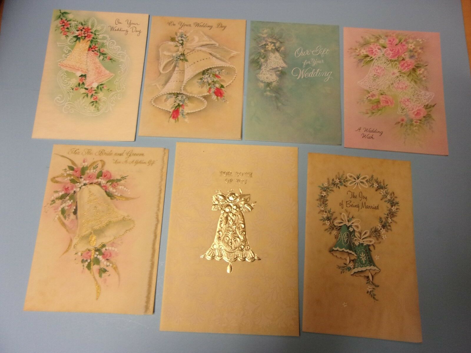 1968 Wedding Cards, Lot Of 7 Vintage Paper Embellished Wedding-bell-themed Cards