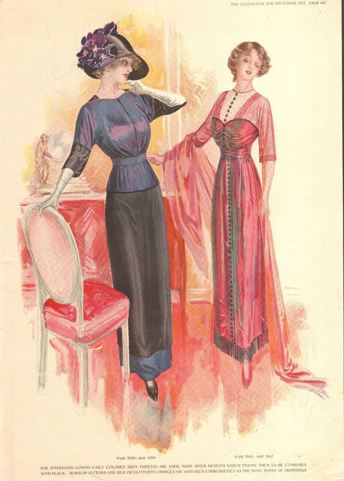 1911 Ladies Fashion Black/pink  Dresses- Print From Magazine- Vint Orig