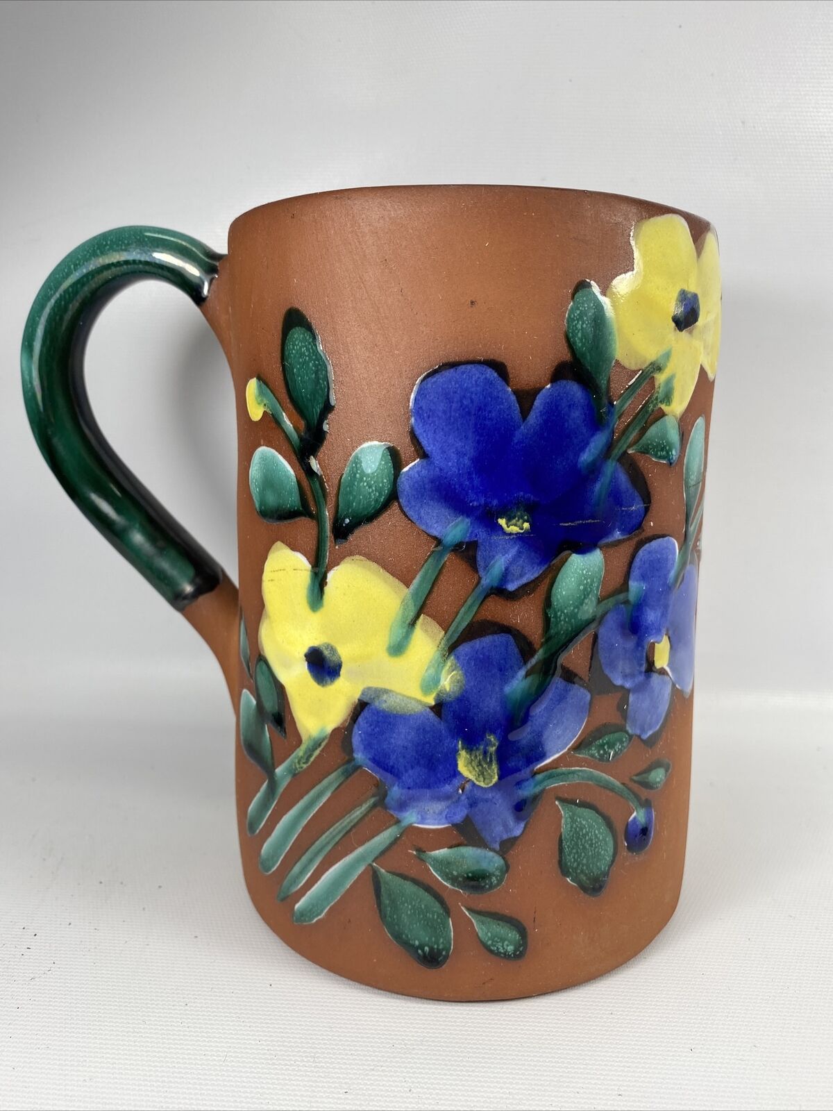 Vintage Mexican Pottery Large Tall Mug Vase Glazed Flowers Signed Guerrero