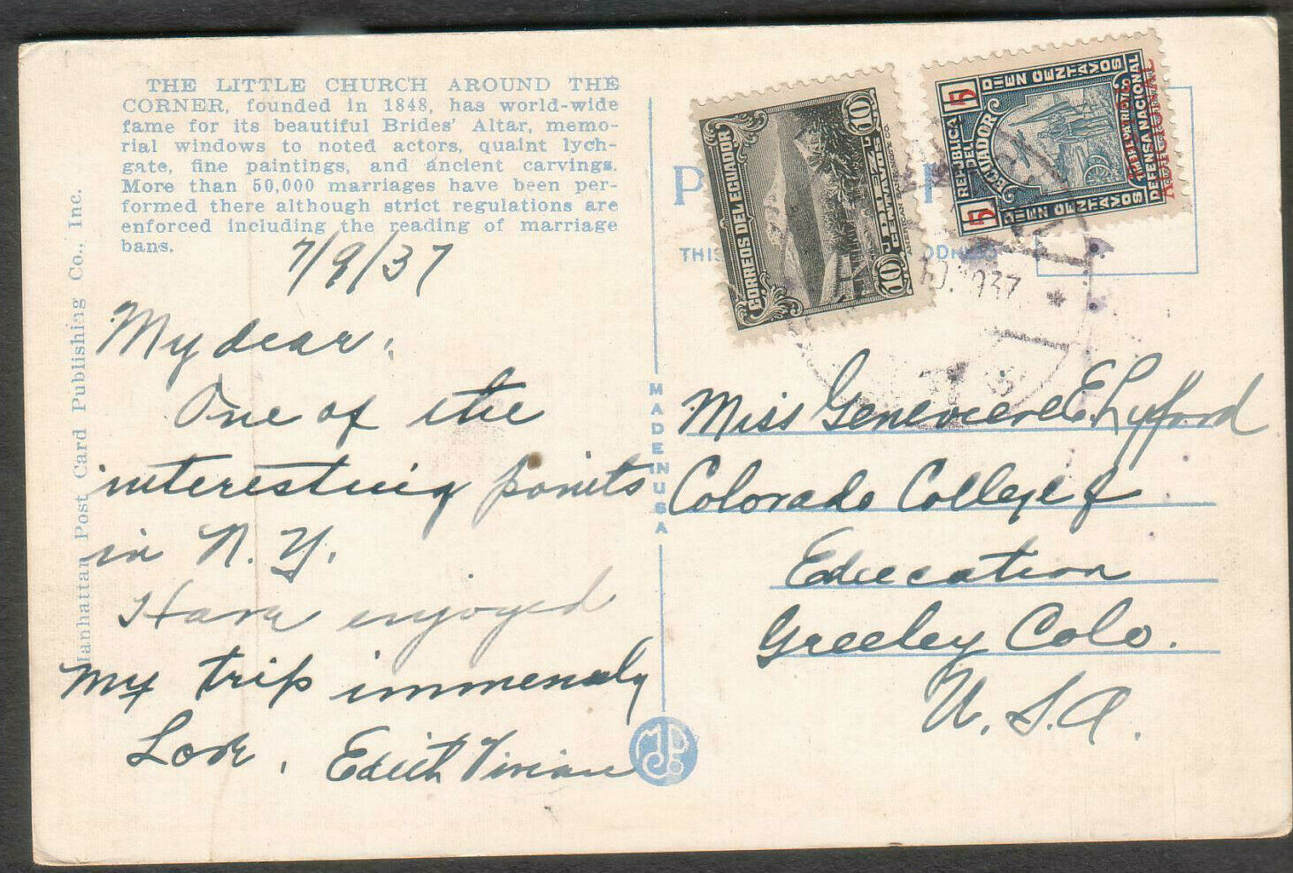 The Little Corner Church New York Post Card 1937 Ecuador To Colorado College