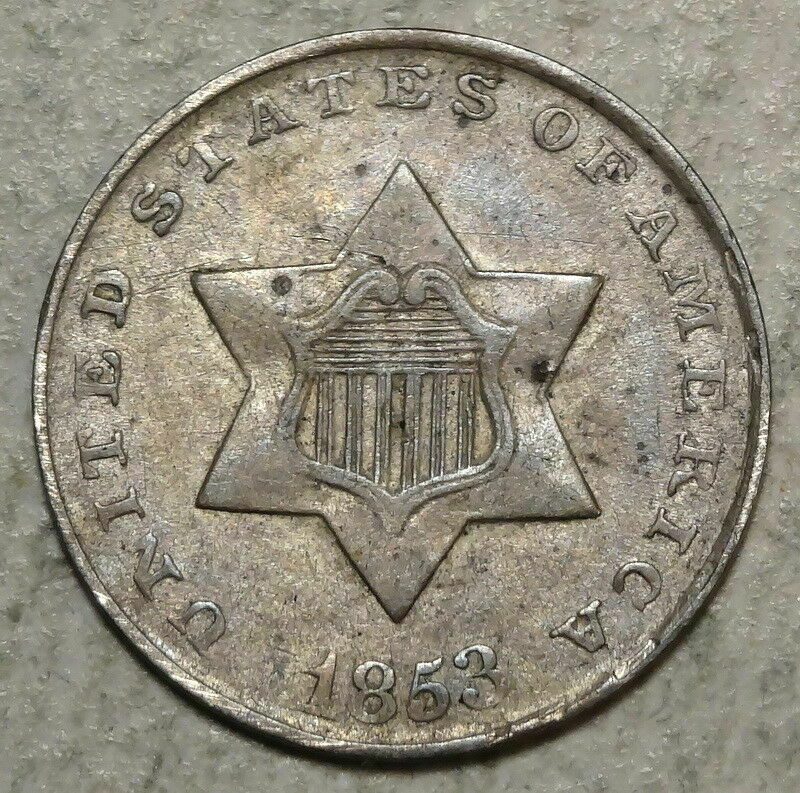 1853 Three Cent Silver, Extremely Fine, Original Type Coin    0914-05