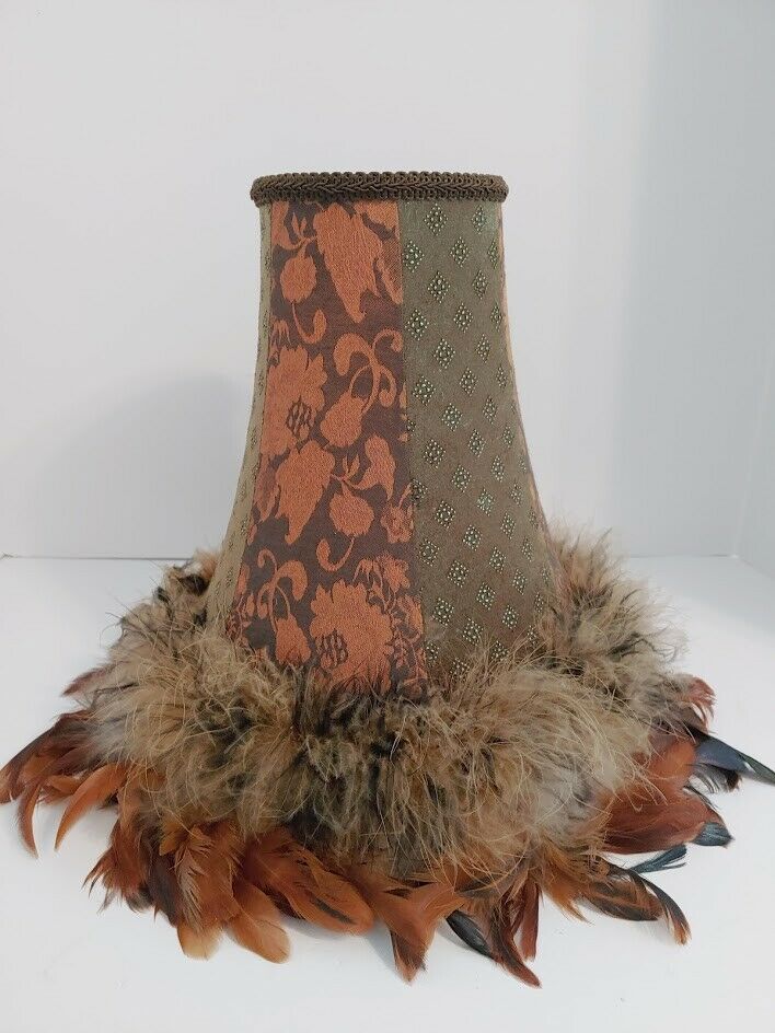 Vintage Lamp Shade Silk Damask Feathers & Embroidered Trimming