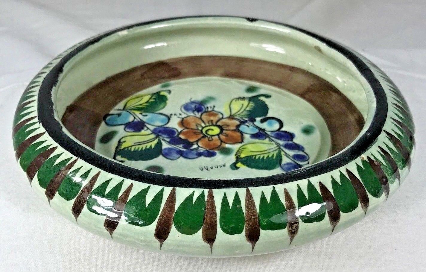 Tonala Mexico Pottery Flat Bowl Hand Painted Flowers Signed Numbered 364