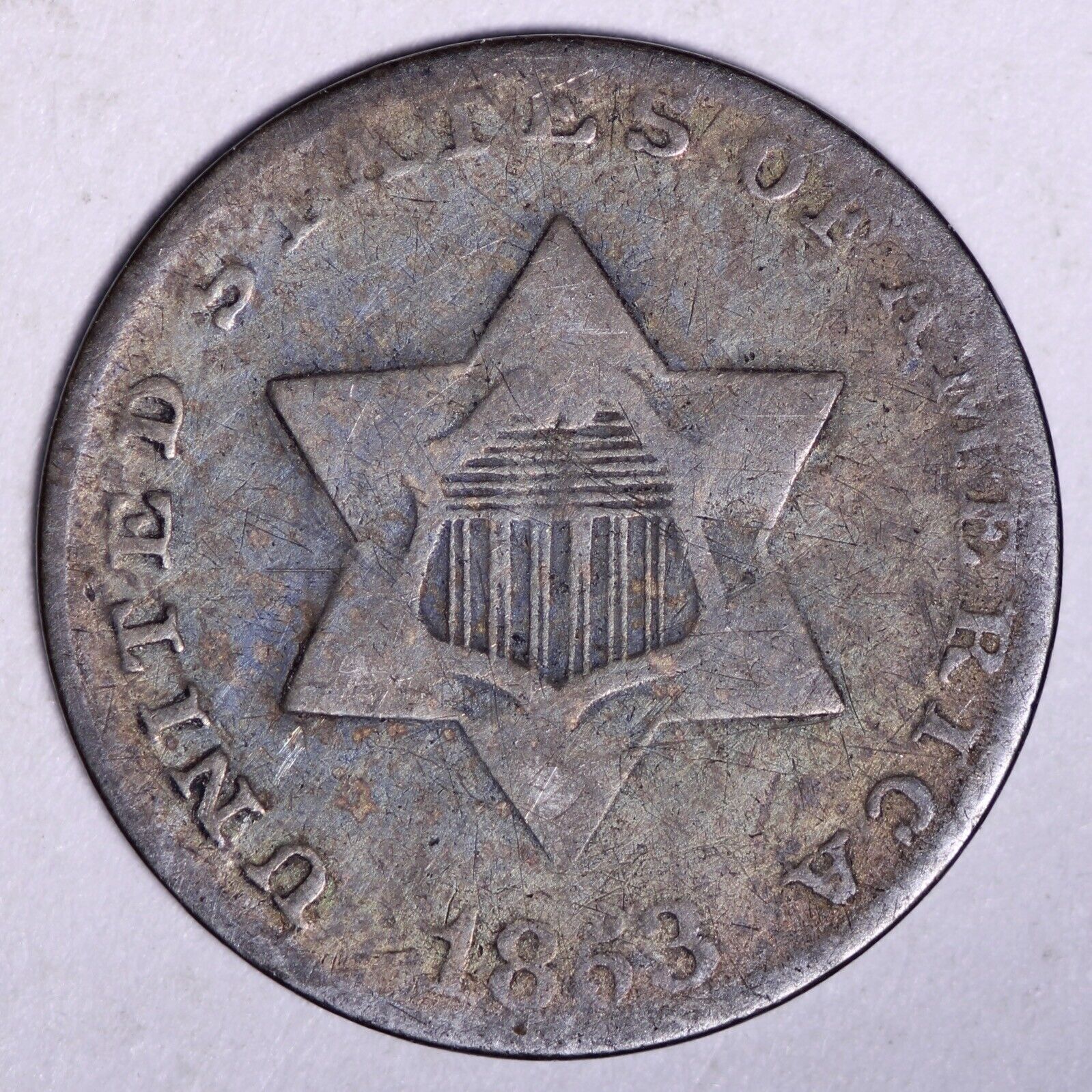 1853 Three Cent Silver Piece Choice Fine Free Shipping E619 Zhs