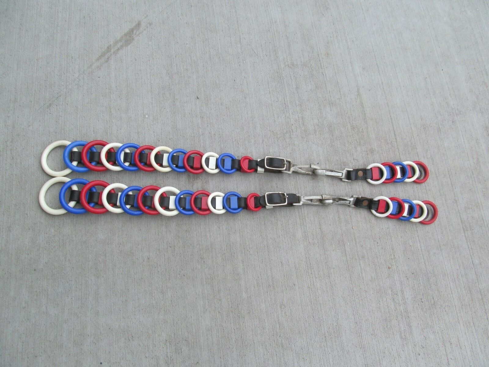 Vintage Pair Plastic-celluloid Horse Rein Leather Harness Spreaders Red Wh/blue