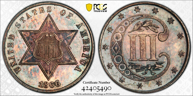 1866 3cs Three Cent Silver Piece Proof Pcgs Pr 63 Key Date Purple Toned !