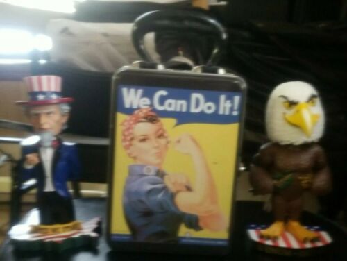 Rosie The Riveter We Can Do It 1999 Lunchbox Tin & Eagle & Uncle Sam Bobbleheads