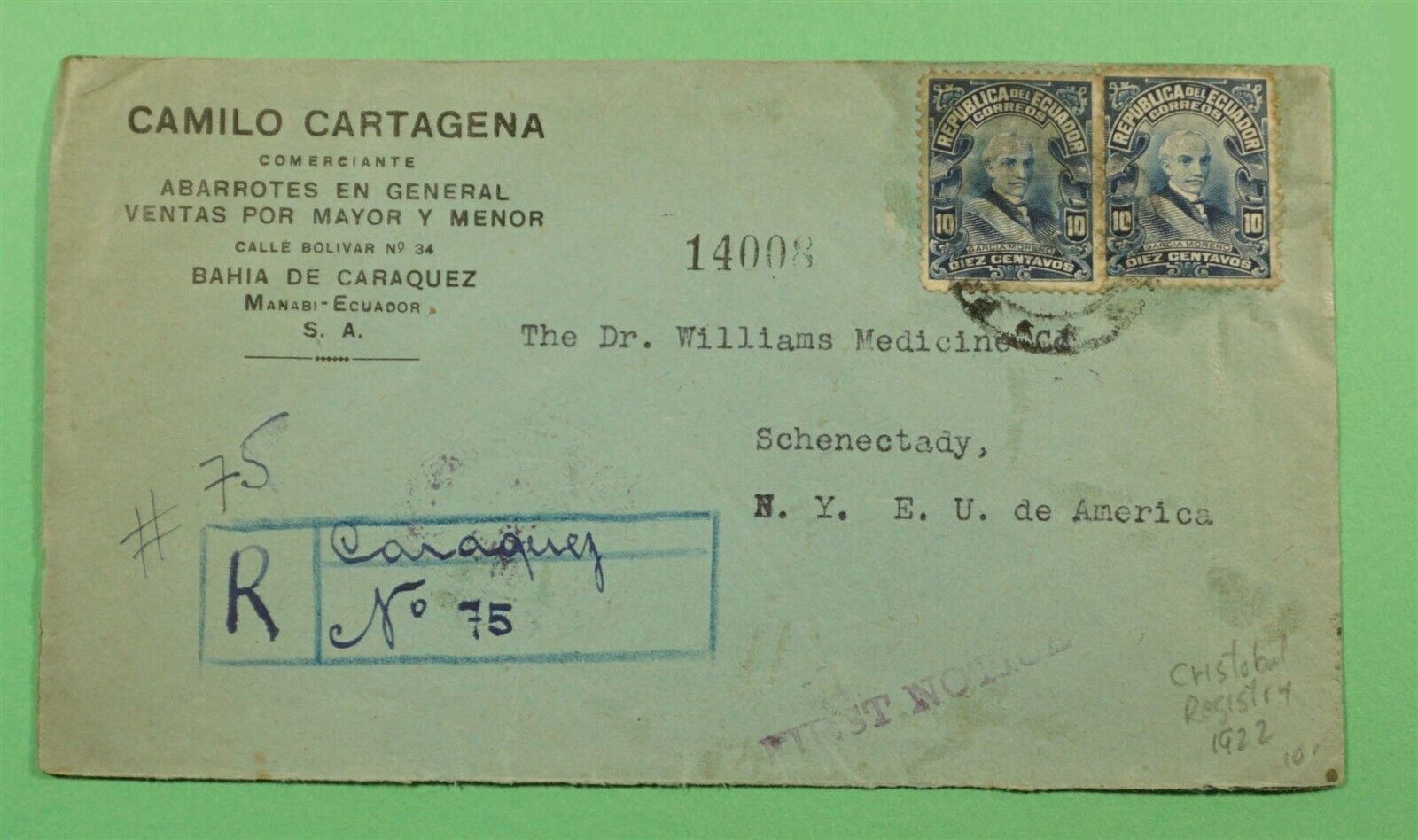Dr Who 1922 Ecuador Caraquez Registered To Usa C280041