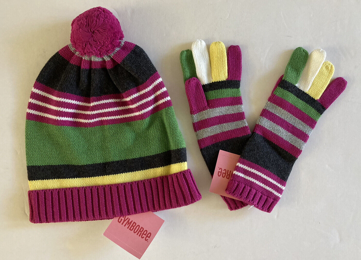 Nwt Gymboree Merry & Bright Size 3-4 Slouchy Striped Pom Pom Hat & Gloves 3t-4t