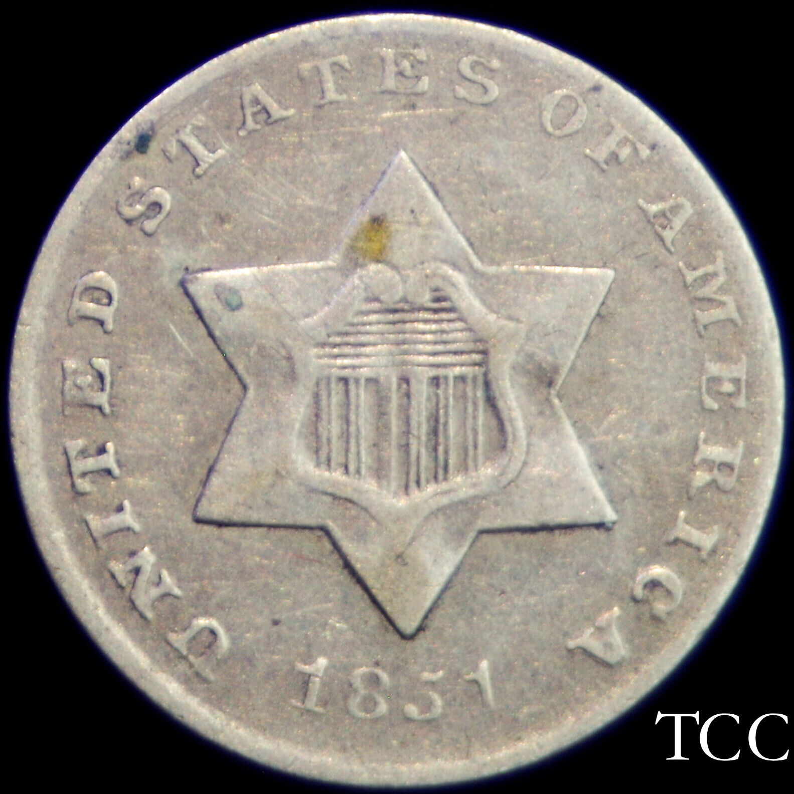 1851 Three Cent Silver Trime ~ Beautiful, Original 3c Coin ~ Free Shipping ~ Tcc