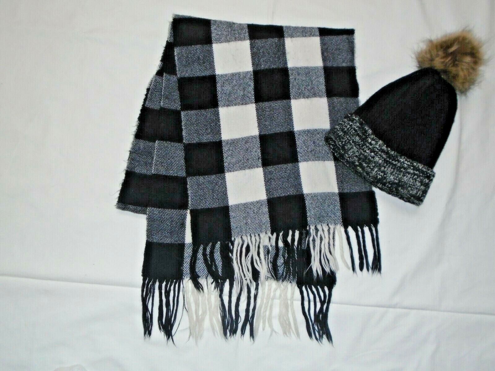 Girls Black & White Wool Fringed Scarf & Black Pom Pom Knit Beanie  - Euc