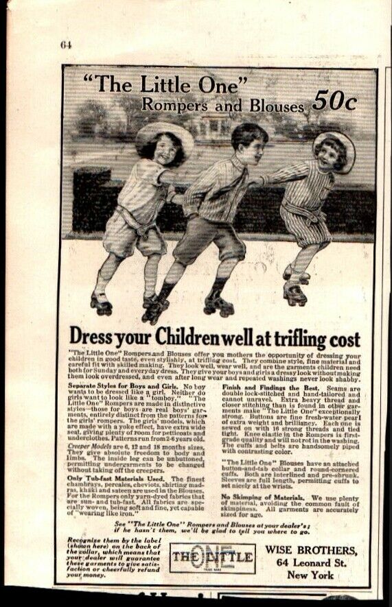 1913 'little One' Kids Rompers Blouses Kids Roller Skating Vintage Print Ad 1172