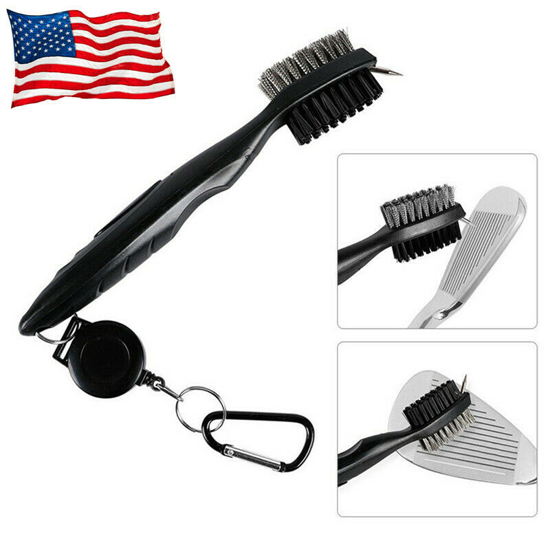 Golf Club Brush Cleaning Tool 2 Sided Wires Nylon Retractable Zip Line Black