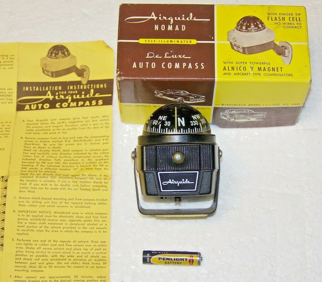 1950's 1960's Airguide Nomad Compass Illuminated Nos In Box