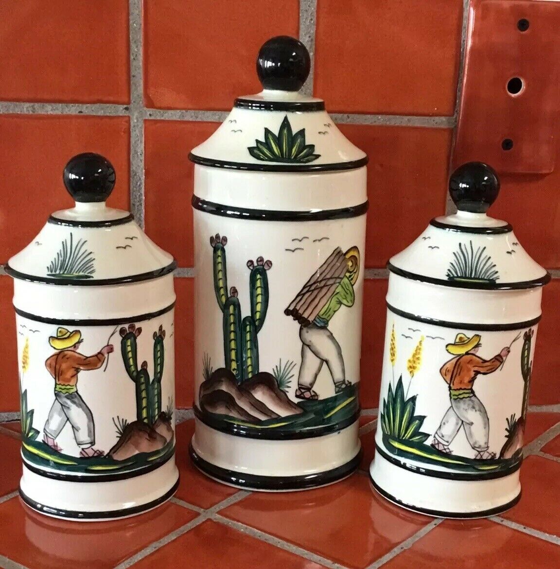 Rare Vintage Ceramica Artistica Gomez Mexico Sombrero Man Cactus Canister Set