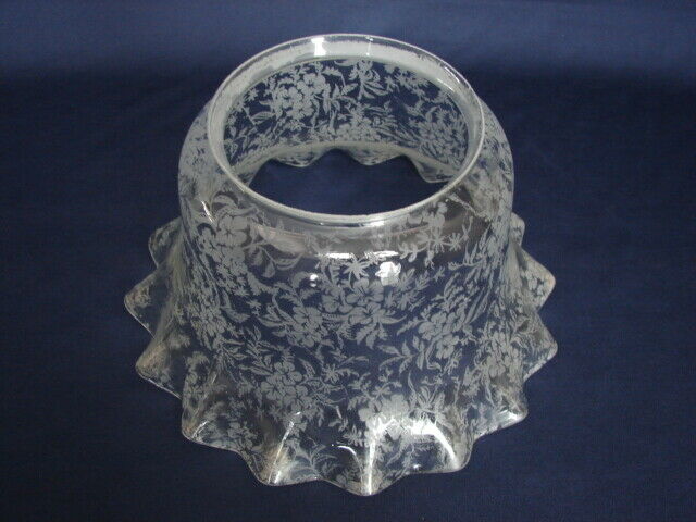 Vintage Clear 8" Floral Etched Glass Ruffled Lamp Shade 3-3/4" Fitter