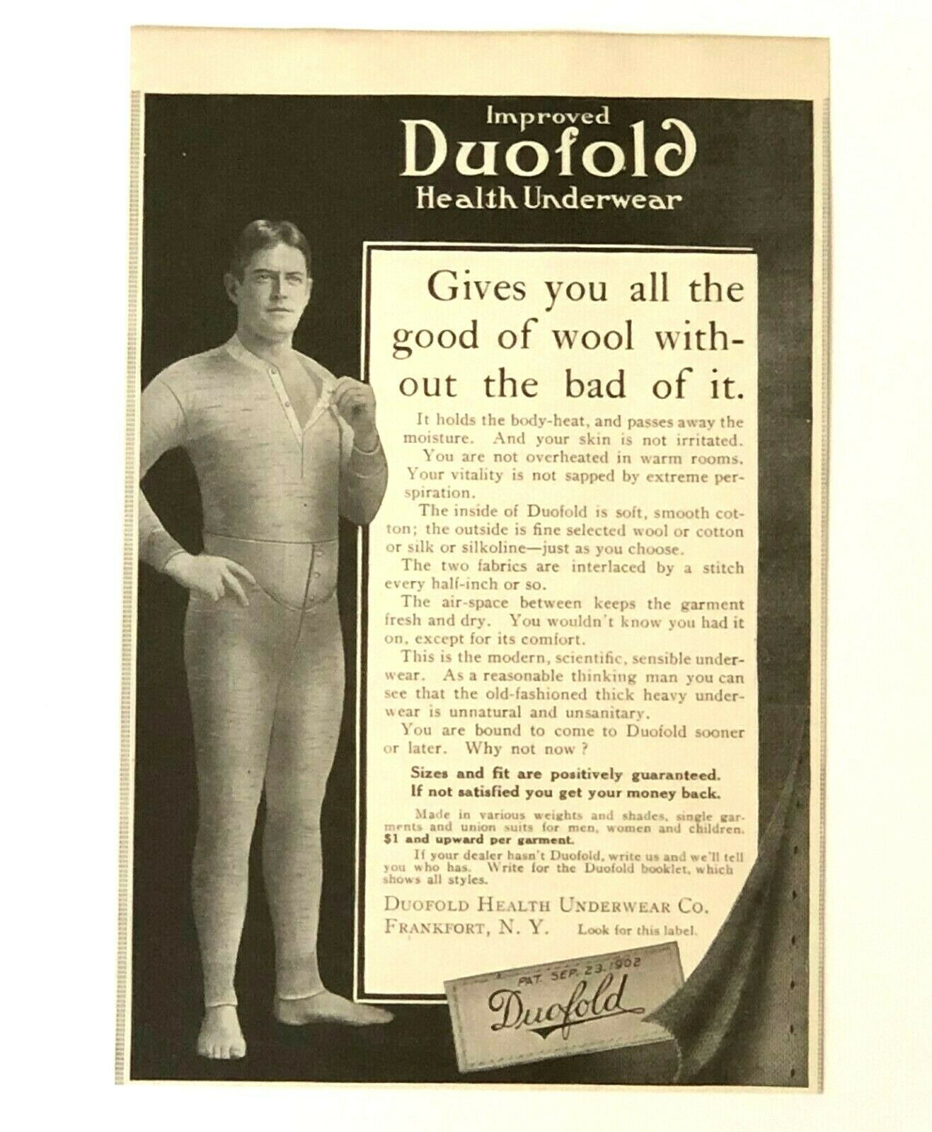 Antique 1908 Duofold Health Underwear Advertisement Keeps Mens Vitality Print Ad