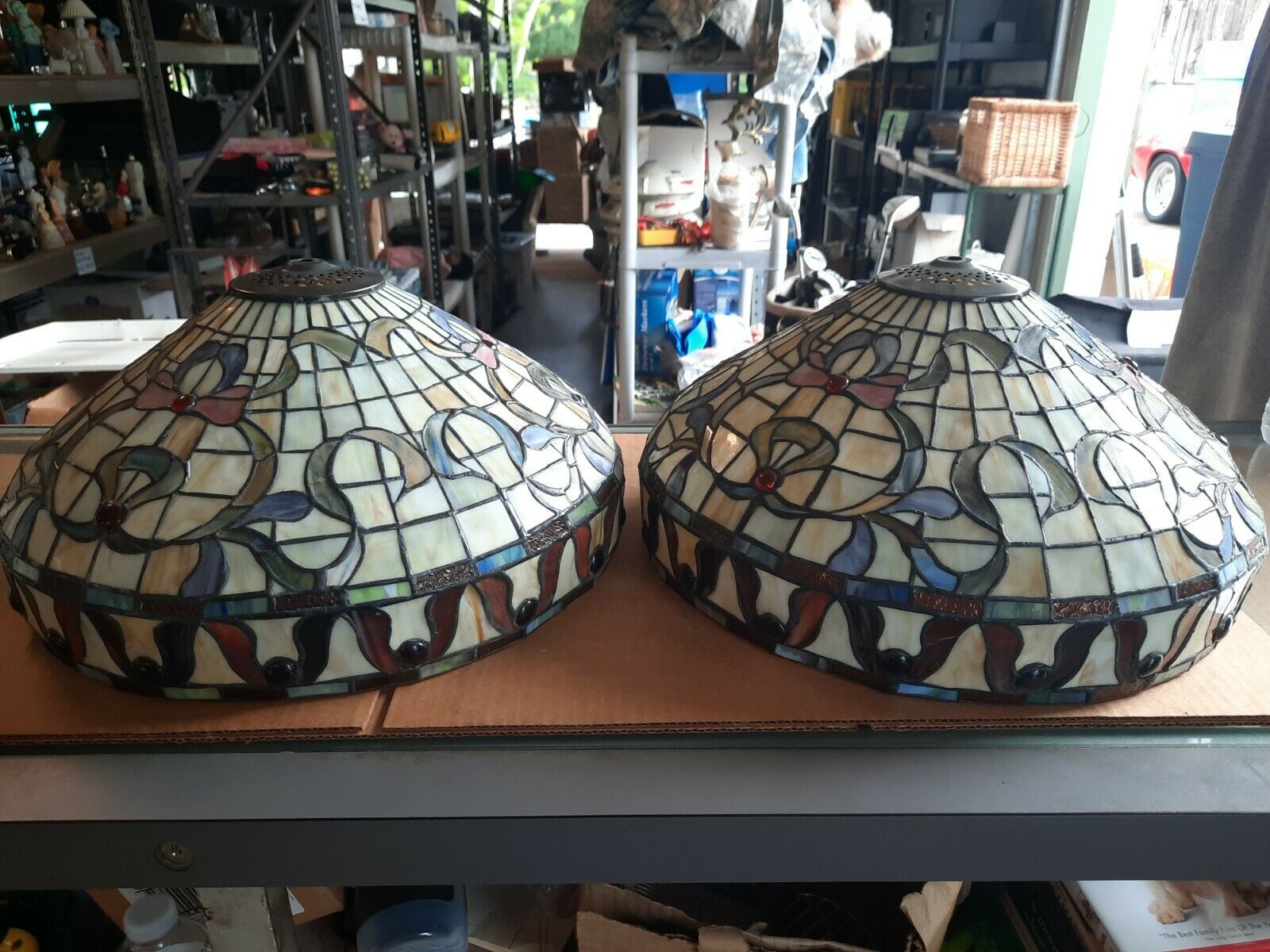 Pair Of 2 Tiffany Style 16" Stained Glass Hanging Lamp Floor Lamp Shades Vintage