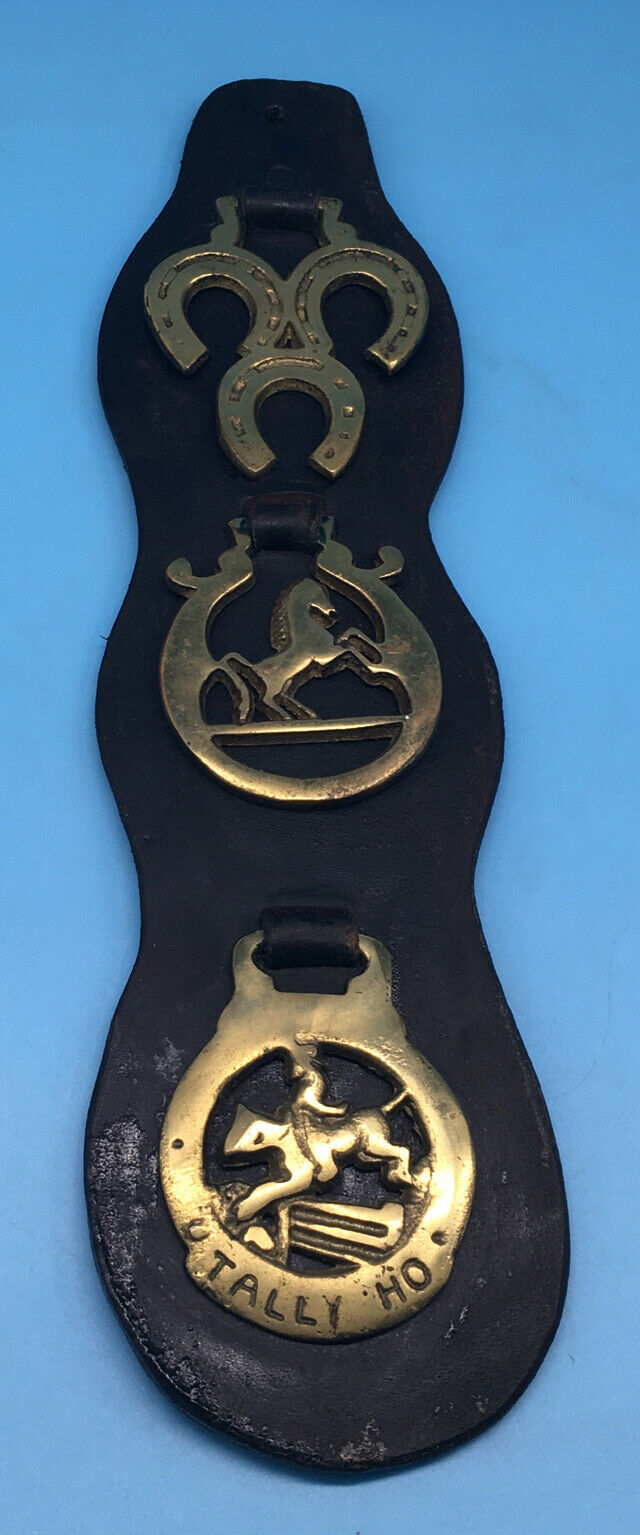 3 Vintage Brass Horse Saddle Bridle Medallions Ornaments On Leather Strap 14"
