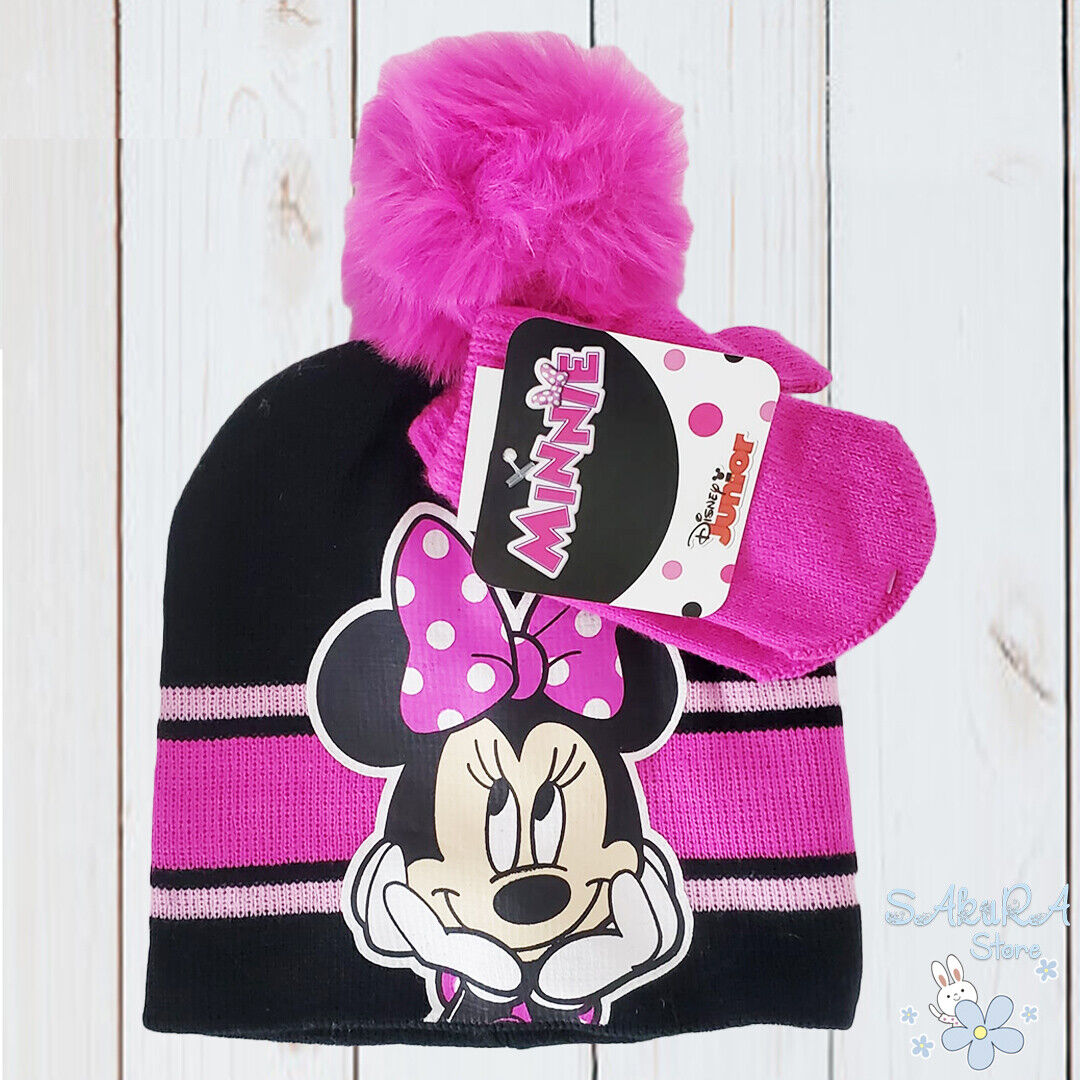 2 Pcs Set Minnie Mouse Disney Authentic Girls Knit Beanie Pom Pom Hat & Gloves