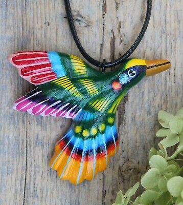 Hummingbird Clay Necklace Pendant Handmade Hand Painted Puebla Mexican Folk Art