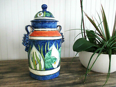 Vintage Hand Painted Artist Signed Mexican Talavera Pottery Jar With Lid Urn