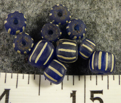 (10) Deep Cobalt Blue Huron Indian False Chevron Glass Trade Beads 150+ Year Old