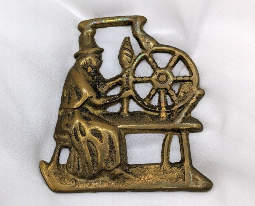 Brass Horse Medallion Vintage English Spinning Wheel Yarn Parade Bridle Harness
