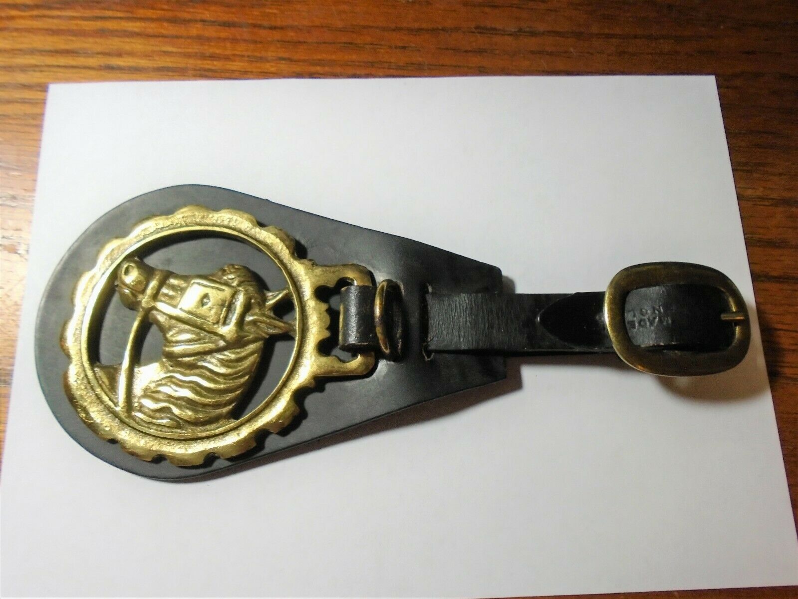 Vintage Horse Head Brass & Leather Buckle Strap Made In England Collectible
