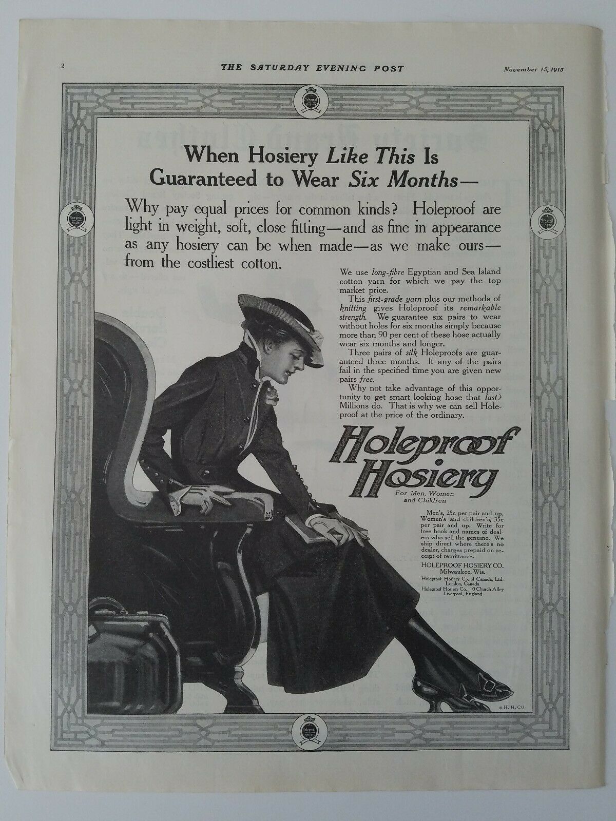 1915 Women's Holeproof Hosiery Stockings Guaranteed  Six-months Vintage Ad