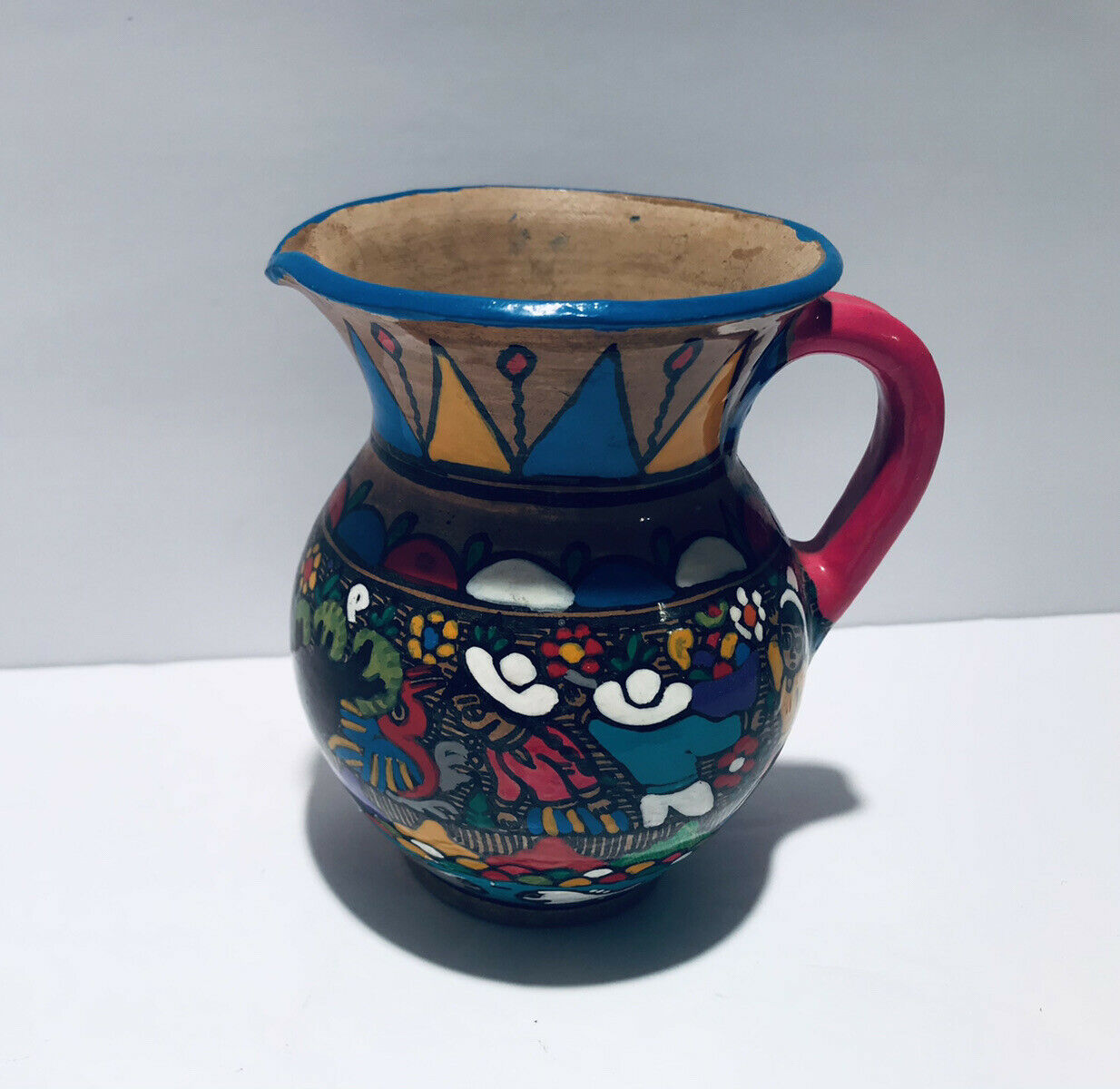 Pitcher Mexican Folk Art Hand Painted Glazed Pottery 4.5” Stunning Colorful Euc