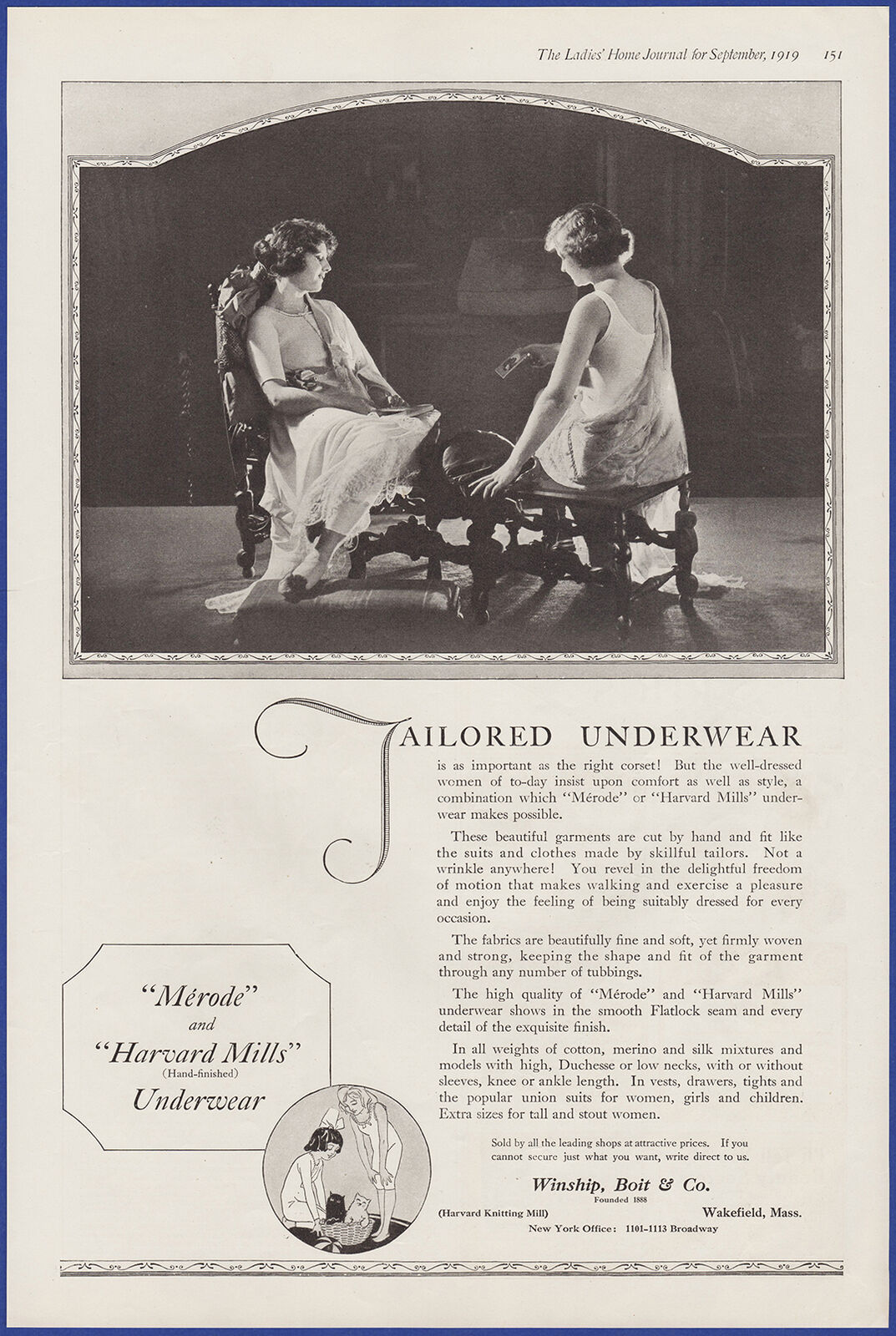 Vintage 1919 Merode & Harvard Mills Tailored Underwear Fashion Ephemera Print Ad