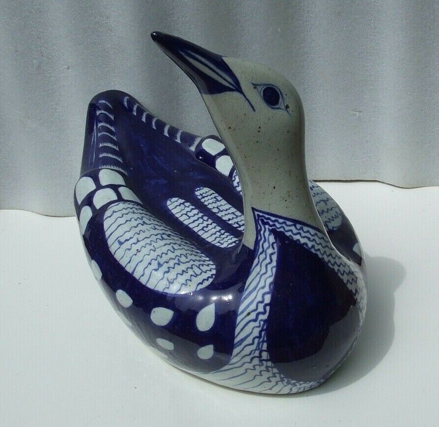 Vtg Large 14" Tin Glazed Talavera Mexican Majolica Art Pottery Bird Loon Signed