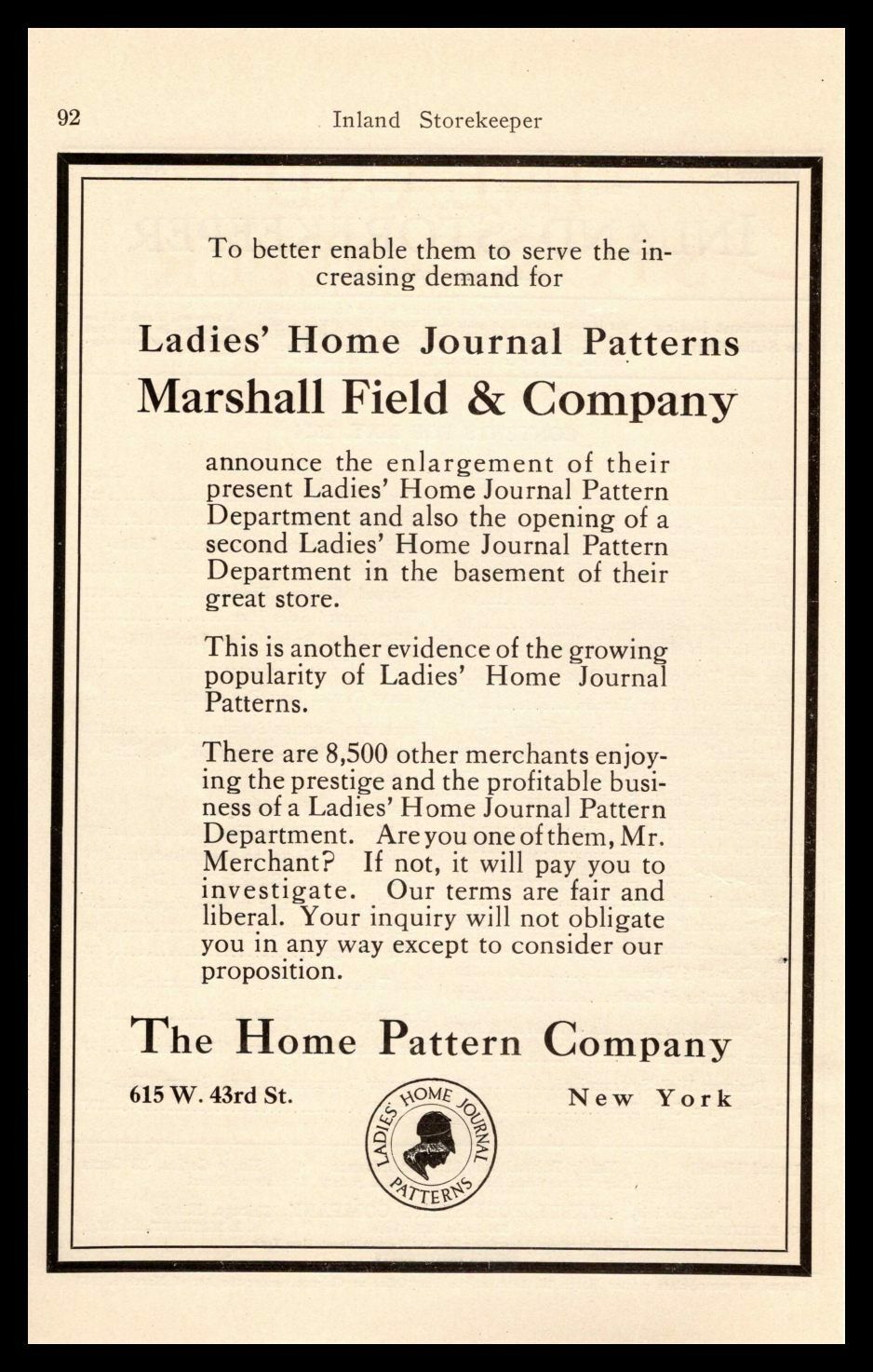 1914 The Home Pattern Company New York Marshall Field & Co. Vintage Print Ad